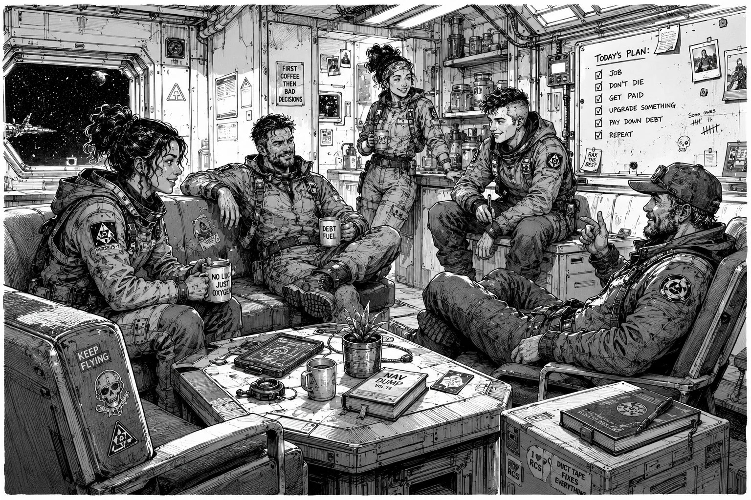 Awake in the Black crew gathered together in a ship lounge between jobs